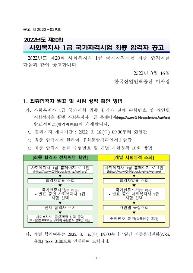 2022년도 제20회 사회복지사 1급 국가자격시험 최종 합격자 공고001.jpg